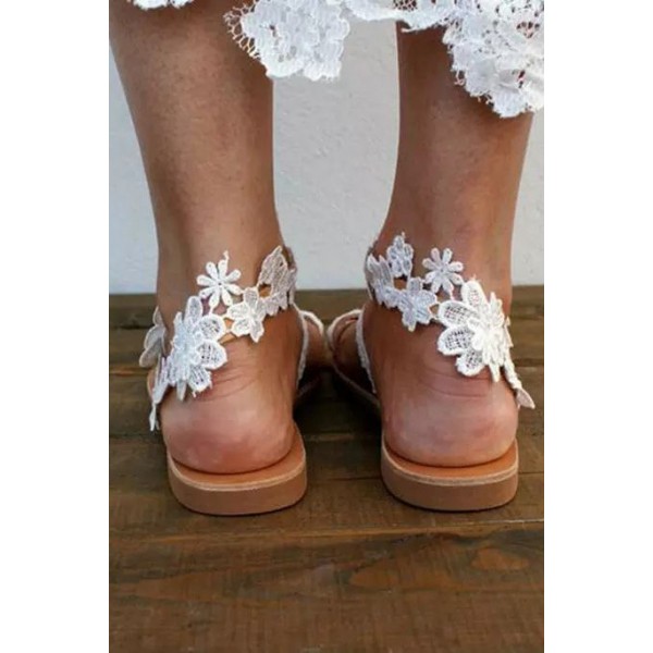 White Flat Lace Sandals 