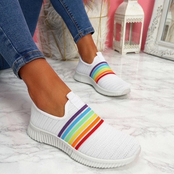 Plus Size Women Rainbow Stripe Knitted Breathable Casual Walking Shoes 