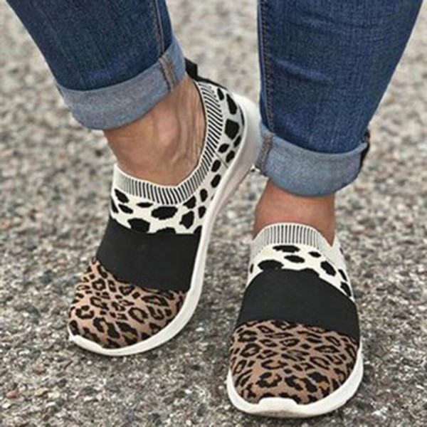 Women Large Size Mesh Breathable Leopard Pattern Elastic Band Slip On Sneakers 