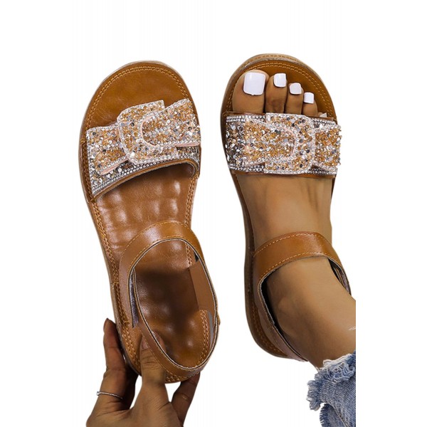 Brown Appliques PU Leather Bohemian Sandals 