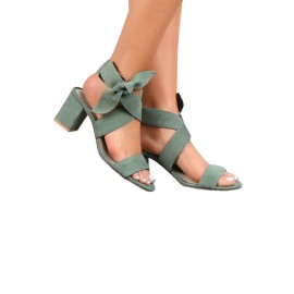 Green Open Toe Bowknot Ankle Strap High Chunky Heel Sandals