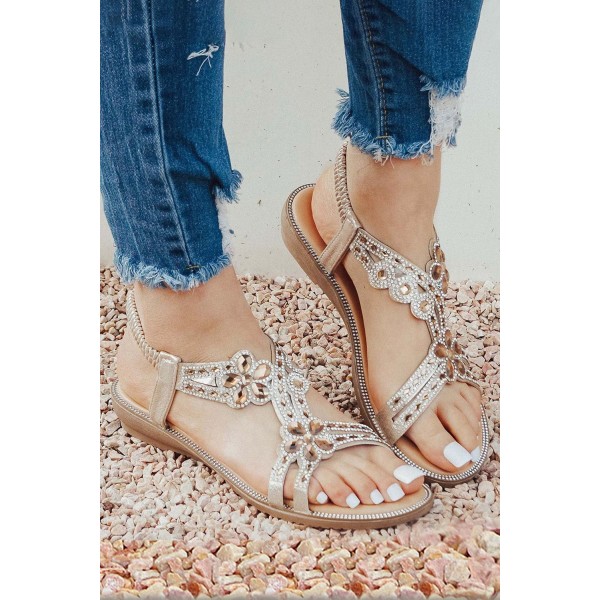 Gold Golden Rhinestone Ankle Strap Sandals 