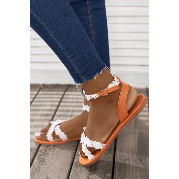 Brown Cross Lace Ruffle Comfort Flat Buckle Sandals 