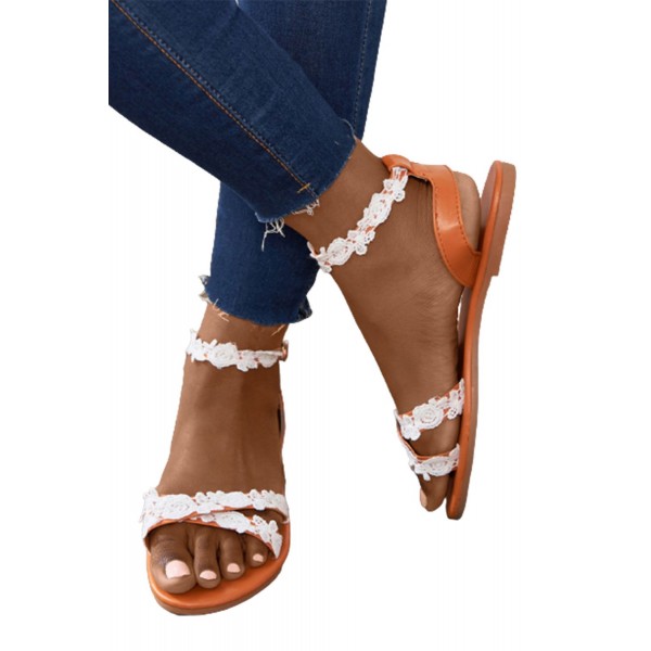 Brown Cross Lace Ruffle Comfort Flat Buckle Sandals 