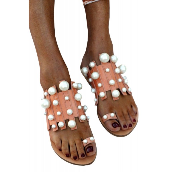 Apricot Faux Matte Pearl Vachetta Leather Sandals 