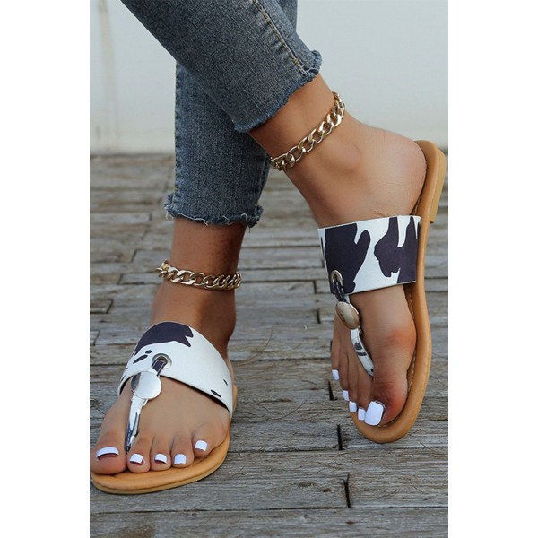 Black Cow Print Flat-bottomed Flip-flop Sandals 