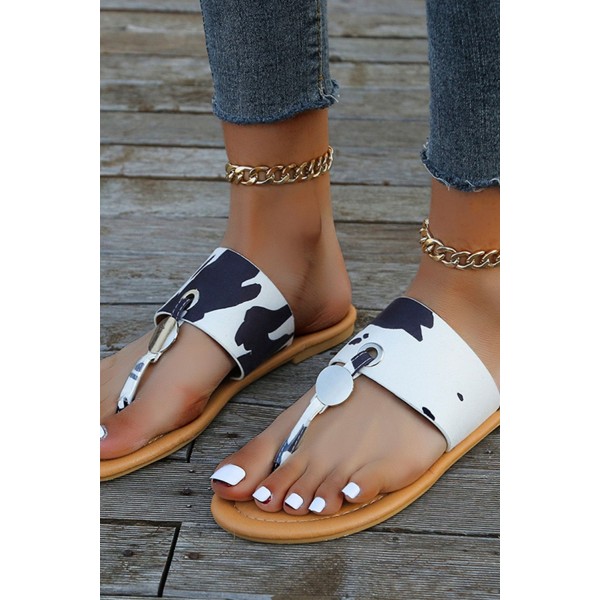 Black Cow Print Flat-bottomed Flip-flop Sandals 