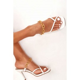 White  Open Toe Stiletto Gold Chain Slip On Heeled Slippers