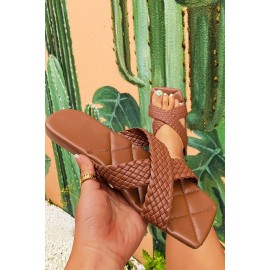 Brown Open Squared Toe Braided Slip On Slipper