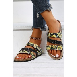 Black Sunflower Print Sparkly Buckle Strap Slippers