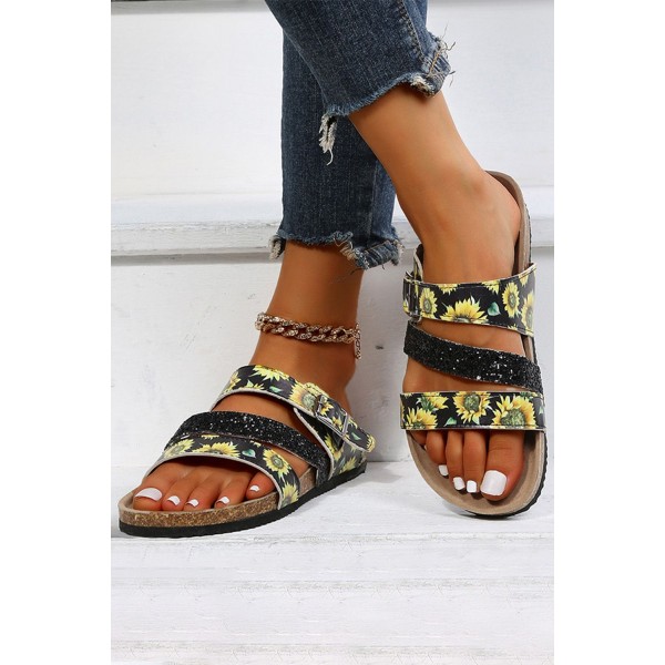 Black Sunflower Print Sparkly Buckle Strap Slippers 