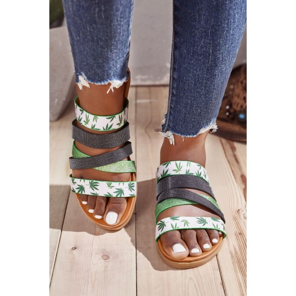 Green Leaf Print Strappy Flat Sandals 