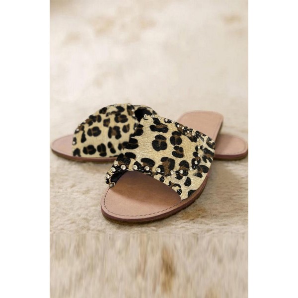 Summer Leopard Beads Round Toe Flat Slippers 