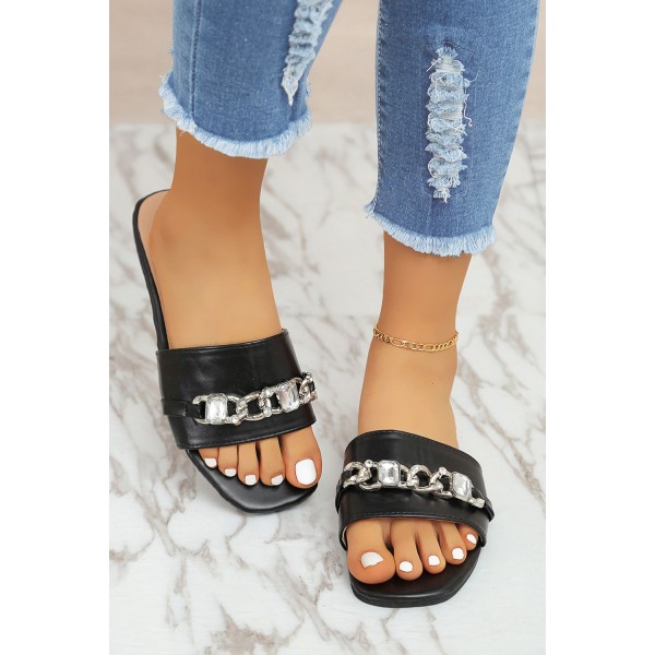 Black Chain Decor PU Flat Slippers 