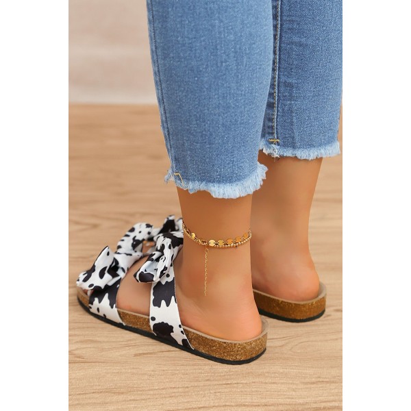 Cow Print Bowknot Open Toe Flat Slippers 