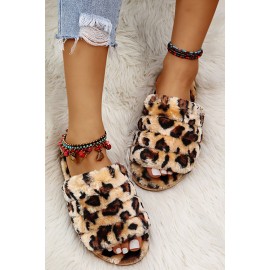 Brown Leopard Open Toe Plush Slippers