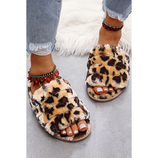 Brown Leopard Open Toe Plush Slippers 