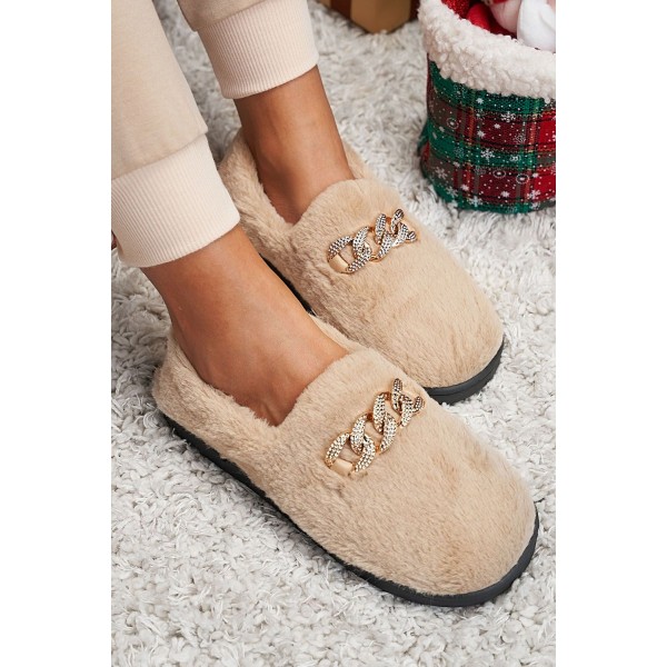 Khaki Faux Fur Chain Décor Home Slippers 