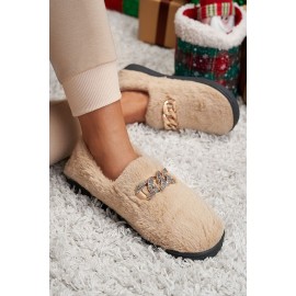 Khaki Faux Fur Chain Décor Home Slippers