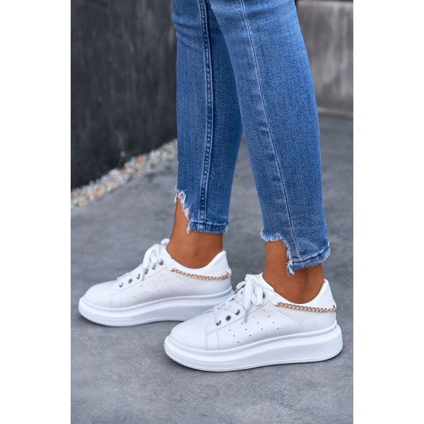 White PU Leather Lace up Sneakers 