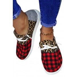 Buffalo Plaid Leopard Splicing Slip On Flat Sneakers