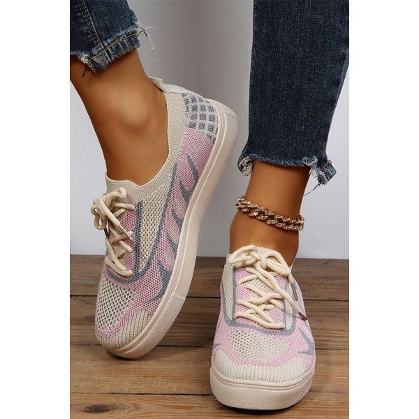 Pink Mesh Knitted Round Toe Lace-up Sneakers 