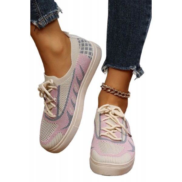 Pink Mesh Knitted Round Toe Lace-up Sneakers 