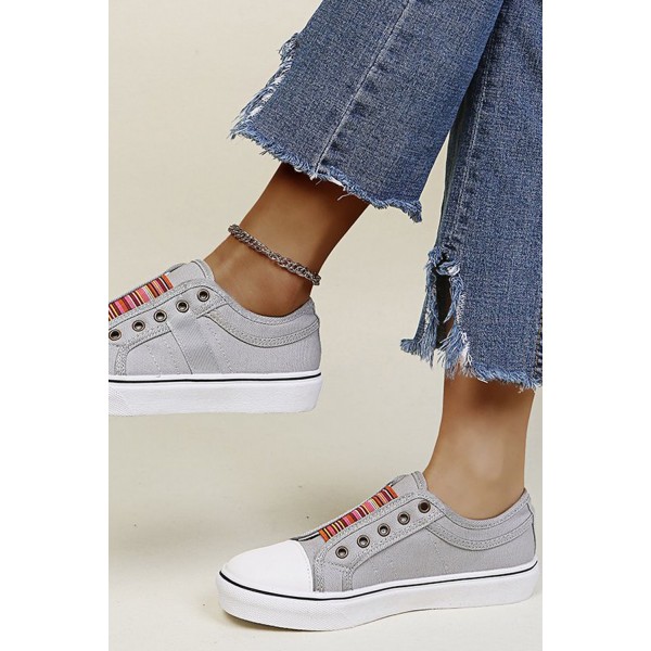 Gray Striped Round Toe Slip-on Sneakers 